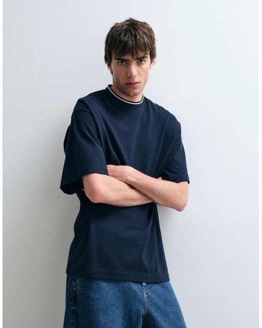 ASOS COLLECTIVE Blue Heavyweight Relaxed Pique T-shirt With Tipping for men