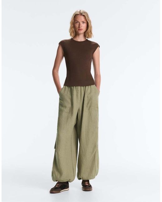 Oysho Brown Short-sleeved Rib Top With Cotton And Modal