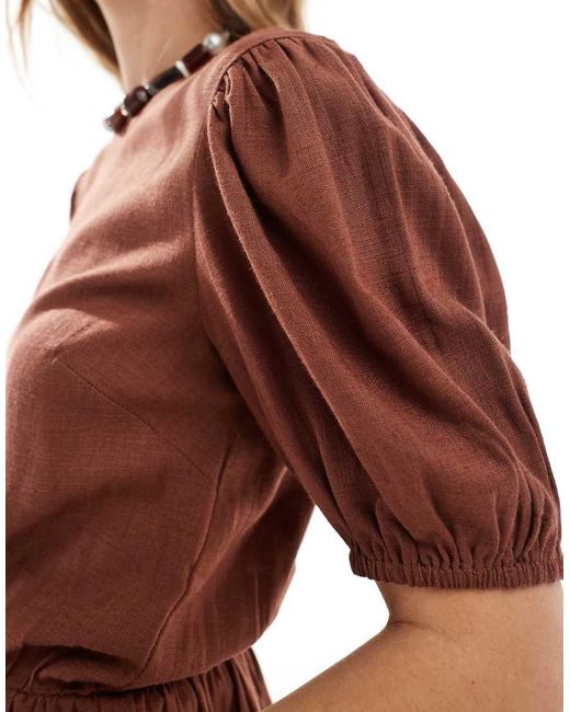 ASOS Top Van Linnenmix Met Peplum En Pofmouwen in het Brown