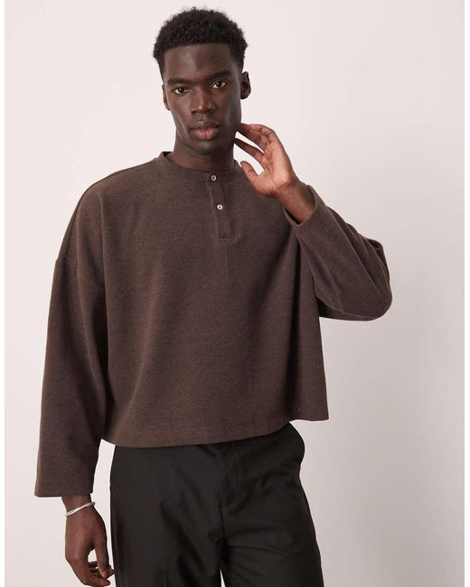 ASOS Super Oversized Cropped Henley-Trui Van Zware Geribbelde Stof in het Brown voor heren
