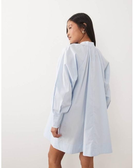 ASOS Blue Asos Design Petite High Neck Tie Poplin Mini Dress With Puff Sleeve