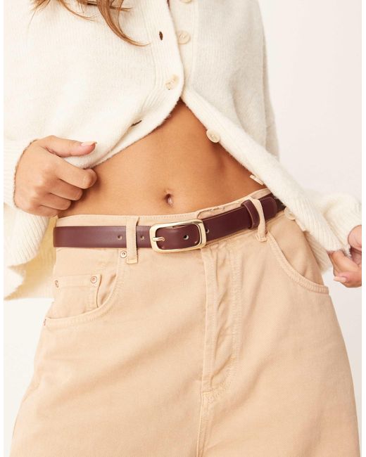 Mango Natural Slim Belt With Rectangle Gold Buckle