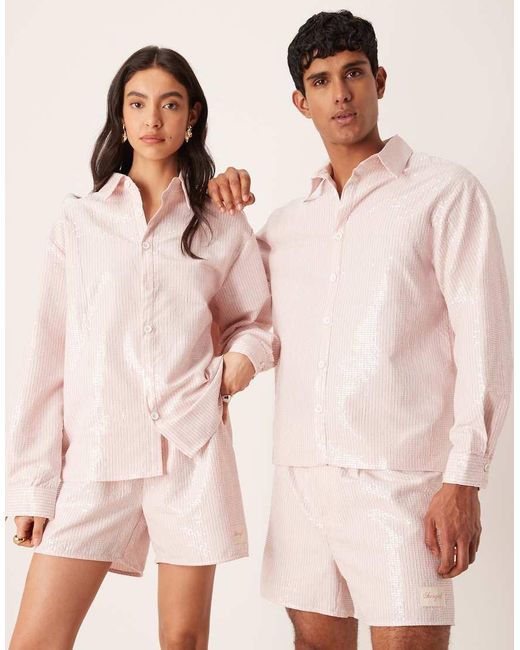 Sister Jane Pink Unisex Rowan Sequin Pinstripe Shirt Co-ord