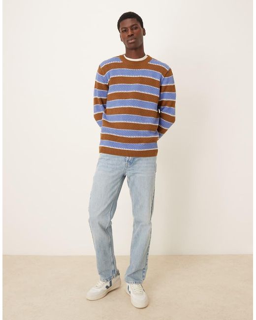 ASOS Blue Relaxed Knitted Crew Neck Stripe Jumper for men