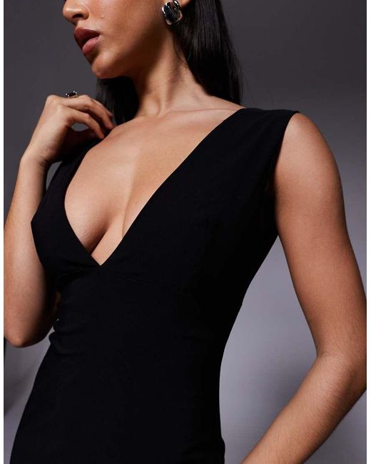 Vesper Blue Bengaline V-neck Plunge Maxi Dress