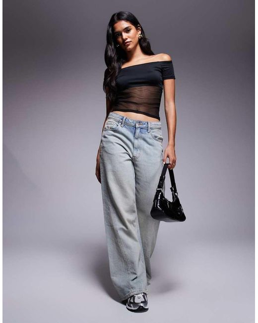 ASOS Gray Bardot Mesh Mix Panel Top