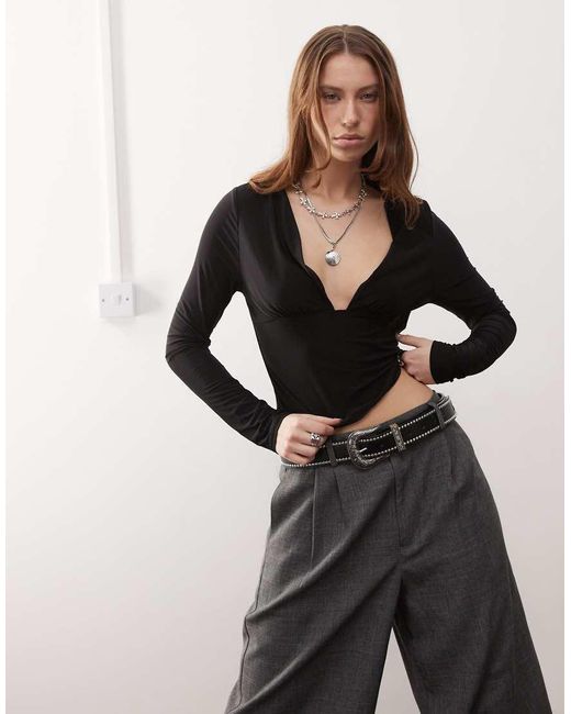 Collusion Black Deep V Long Sleeve Second Skin Top