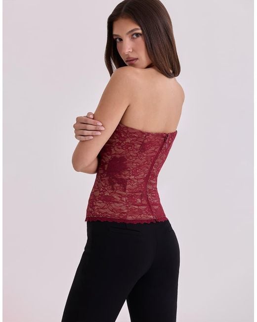 House Of Cb Red Yara Wine Lace Strapless Corset Top