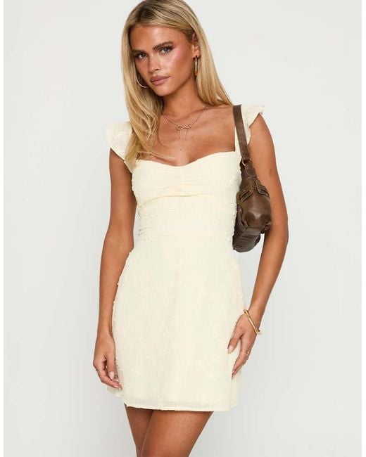 Princess Polly White Landon Textured Floral Frill Sleeve Lace Up Back Detail Sweetheart Neckline Mini Dress