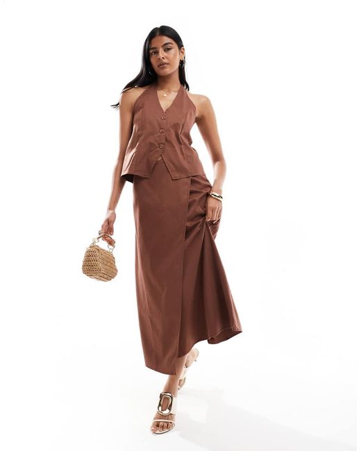 Pieces Brown Asymmetric Midi Skirt Co-Ord