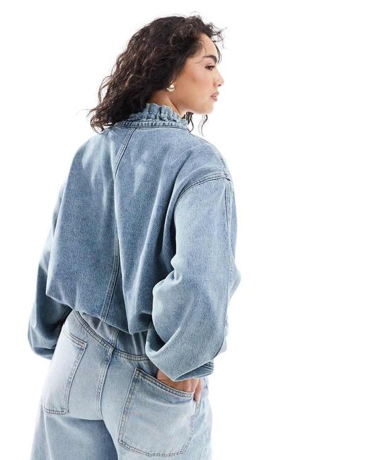 ASOS Denim Bomberjack Met Ruches Aan De Kraag in het Blue