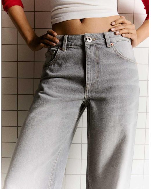Bershka Gray High-Waist Wide Straight-Leg Jeans