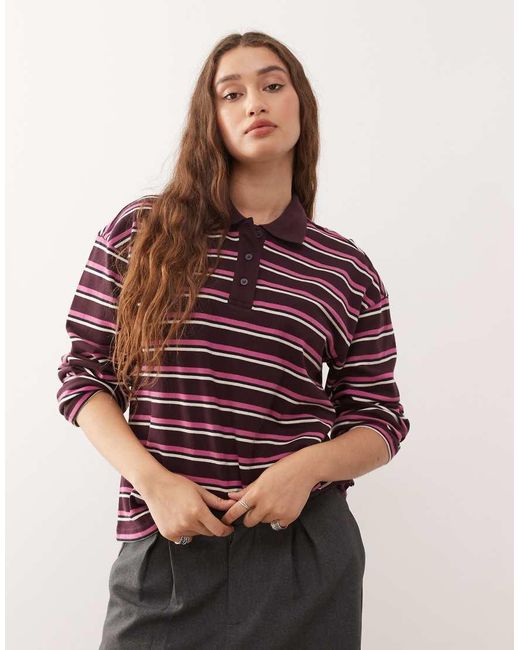 Polo Stile Rugby Oversize A Maniche Lunghe Bordeaux A Righe Color Prugna di Monki in Red