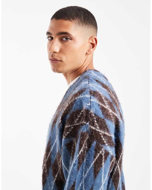 River Island Blue Brushed Argyle Cardigan for men