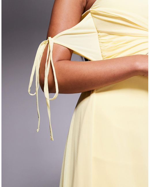 ASOS Off Shoulder Cut Out Mini Dress With Mesh Drape in Natural | Lyst