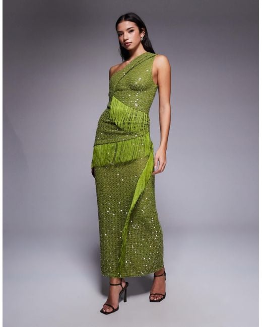 ASOS Green Sequin Knit Twist One Shoulder Midi Dress With Drape Fringe Panels