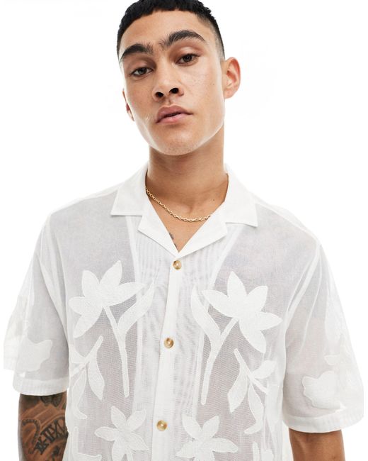 ASOS White Premium Short Sleeve Mesh Revere Shirt With Embroidery for men