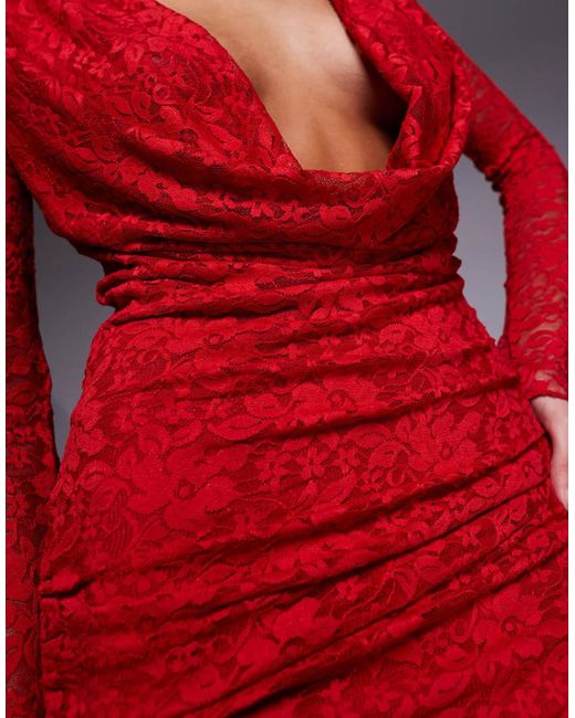 Kaiia Red Exclusive Lace Cowl Neck Flare Sleeve Bodycon Mini Dress
