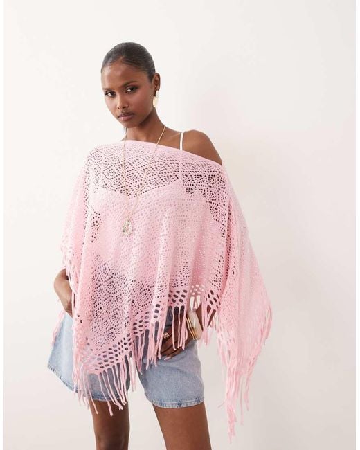 Kiwi & Co Pink Fine Knit Fringe Hem Poncho Top