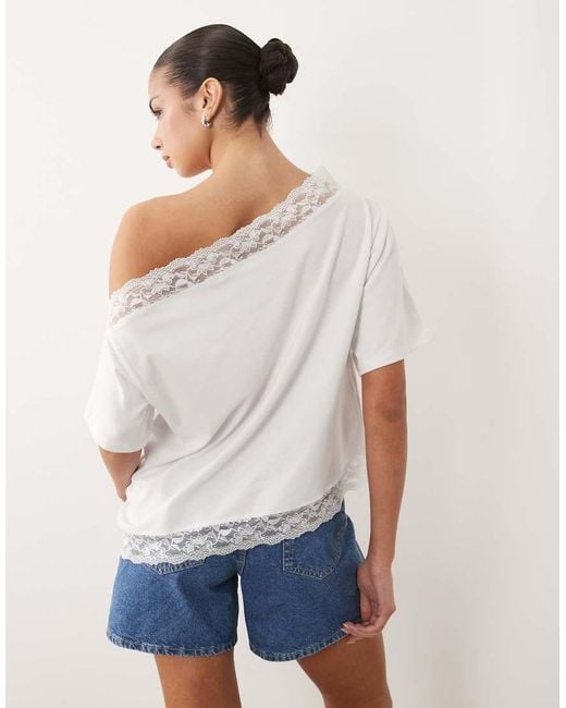 ASOS White Fallen Shoulder With Lace Trim Top