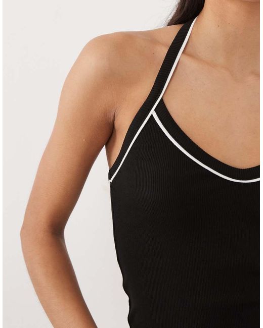 ASOS Black Ribbed Halter Neck Top With Contrast Piping