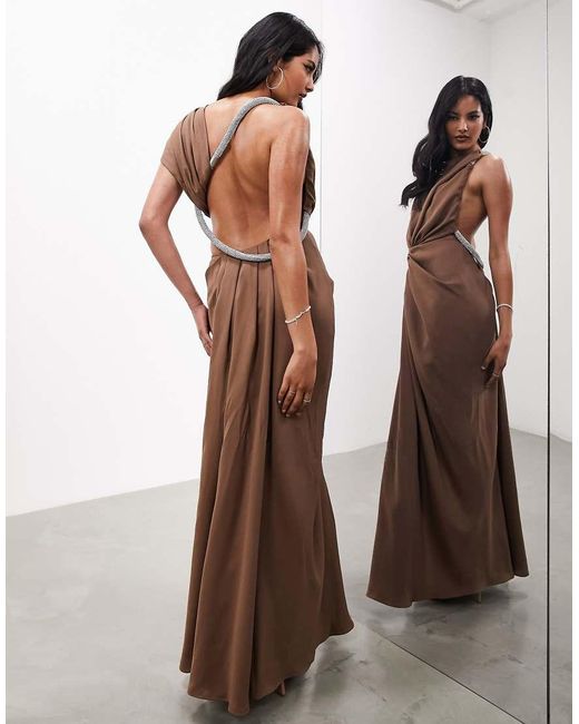 ASOS Brown Premium Rope Diamante Neck Detail One Sided Satin Maxi Dress