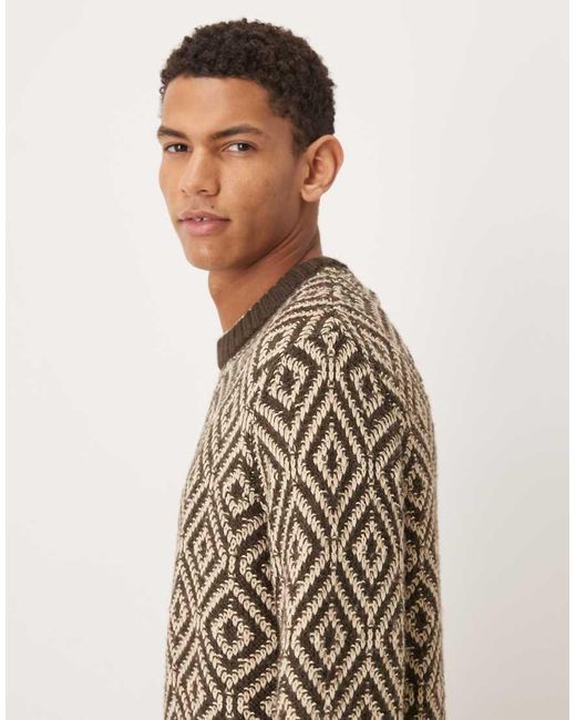 SELECTED Brown Wool Blend Knitted Jumper With Geo Print for men