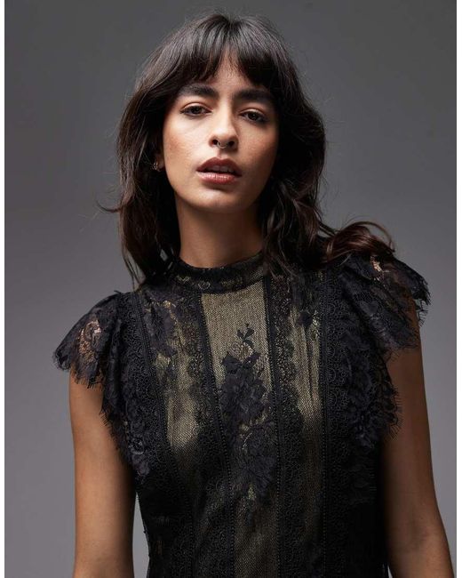 Vestido Corto Negro Y Dorado De Encaje Y Tul Fleur De AllSaints de color Black