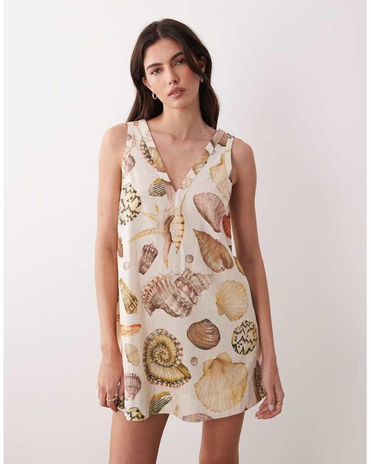 ASOS Natural Cotton Linen V Neck Smock Mini Dress