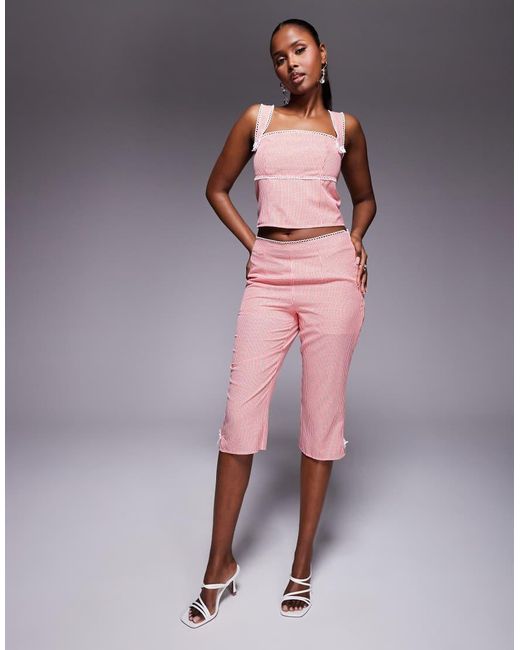 Kaiia Pink Exclusive Bow Lace Trim Detail Square Neck Crop Top Co-ord