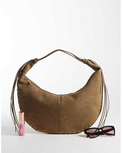 Gina Tricot Metallic Slouchy Faux Suede Shoulder Bag With Gold Stud Detail