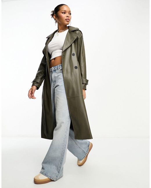 Pull&Bear White Belted Faux Leather Trench Coat