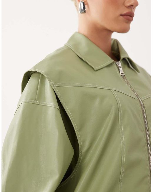 Lioness Green Exclusive Vista Leather Look Contrast Stitch Bomber Jacket