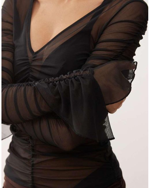 Monki Black Long Sleeve Sheer Frill Top