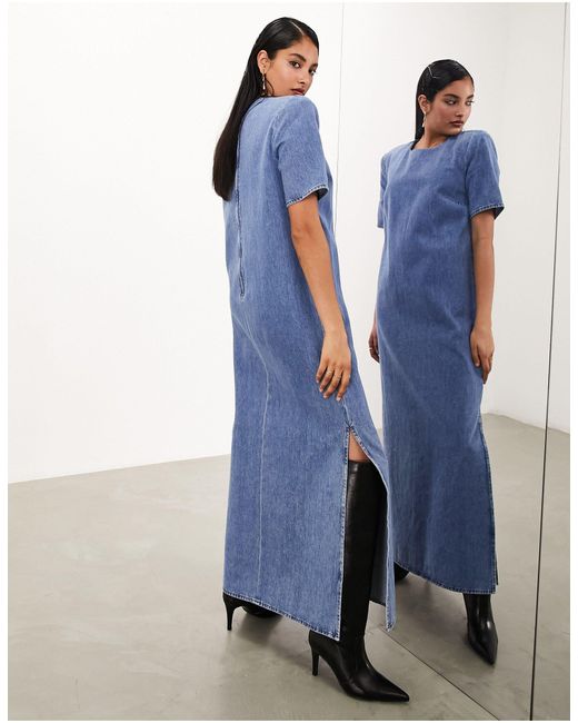 ASOS Blue Denim Shoulder Pad Midaxi Dress