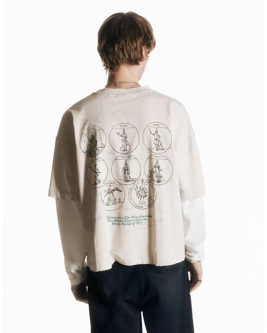 Pull&Bear White Double Sleeve Graphic T-shirt for men