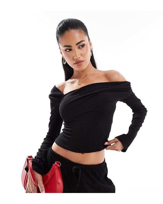 Kaiia Black Exclusive Ribbed Asymmetric Off Shoulder Long Sleeve Top Co-Ord