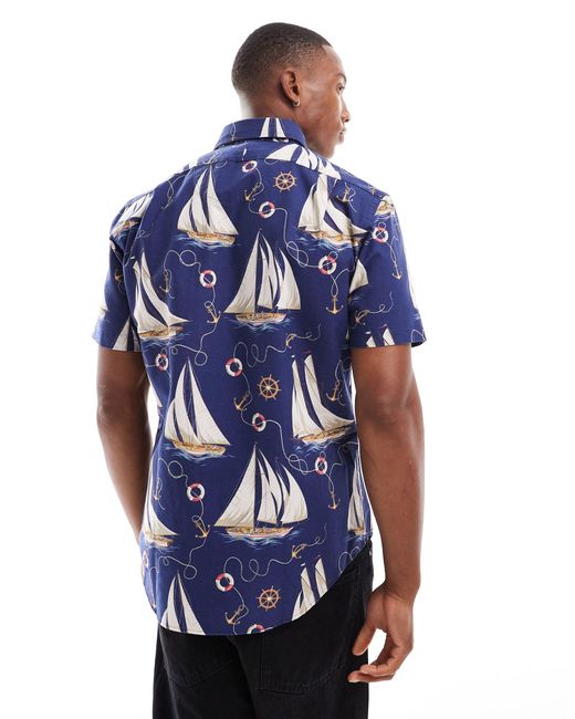 Polo Ralph Lauren Blue Short Sleeve Helm Anchors Print Oxford Shirt for men