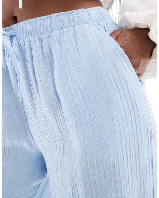 Stradivarius Broek Van Kreukelstof Met Linnenlook En Elastische Taille in het Blue