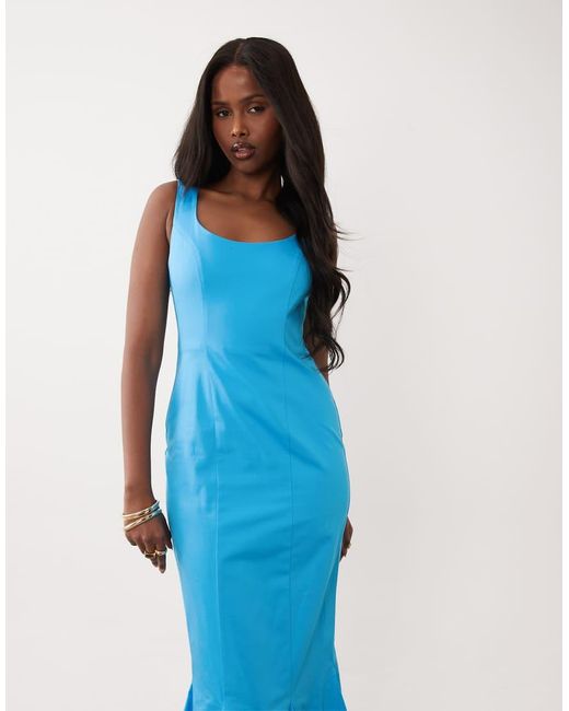 ASOS Blue Scoop Neck Fishtail Godet Midi Sundress