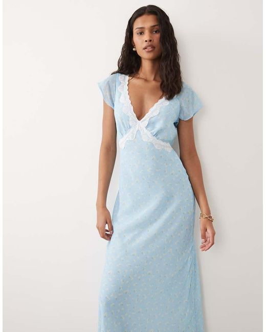 New Look Blue Ditsy Lace Trim Cap Sleeve Midi Dress