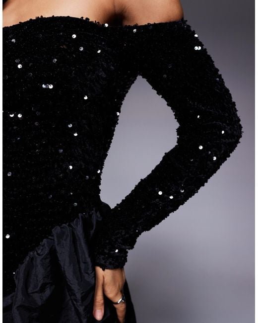 ASOS Sequin Long Sleeve Bardot Bubble Hem Mini Dress in Black | Lyst ASOS Sequin Long Sleeve Bardot Bubble Hem Mini Dress in Black | Lyst