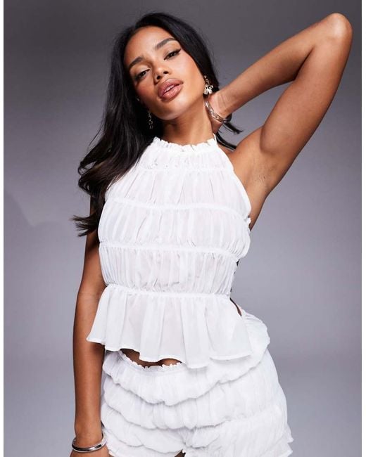 Missy Empire White Ruched Ruffle Detail Halterneck Open Back Top Co-ord