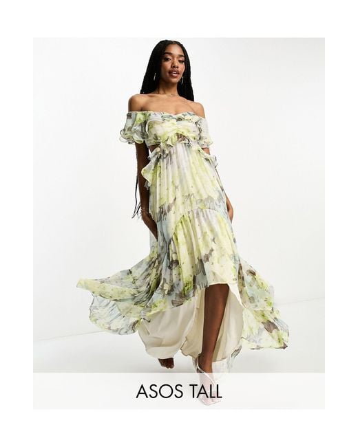 Asos design tall - robe longue à ourlet asymétrique, volants, découpe et épaules dénudées - vert fleuri ASOS en coloris White