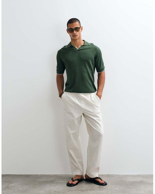 Mango Green Knitted Revere Collar Contrast Tipping Polo Top for men