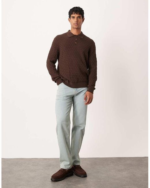 ASOS Knitted Textured Long Sleeve Polo in Brown for Men Lyst UK