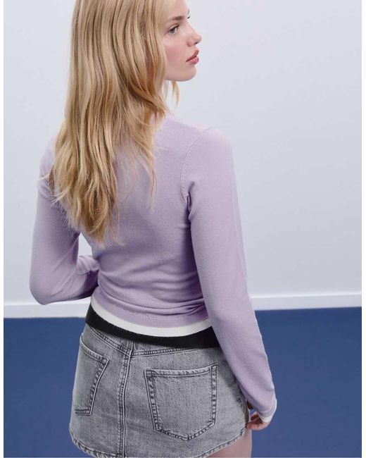 Stradivarius Purple Knit Sweater With Contrast Trim