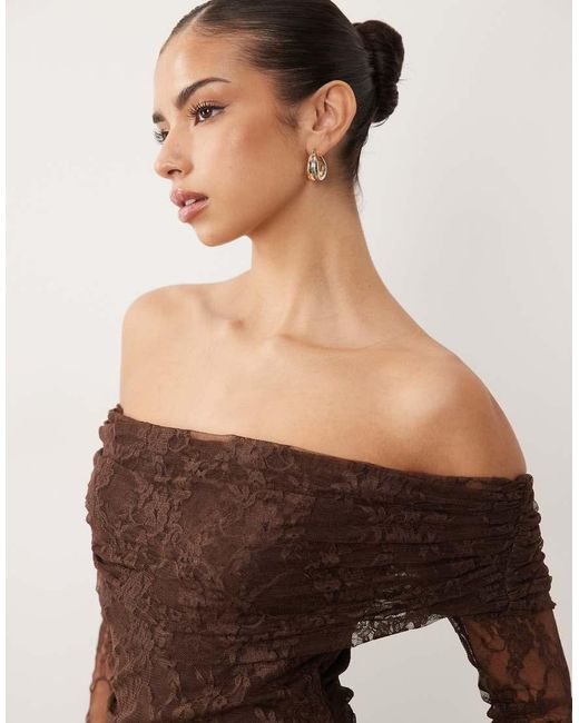 ASOS Brown Off The Shoulder Long Sleeve Lace Maxi Dress