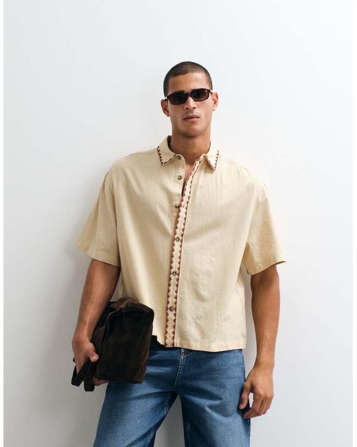 ASOS Natural Boxy Oversized Shirt With Linen And Embroidery for men