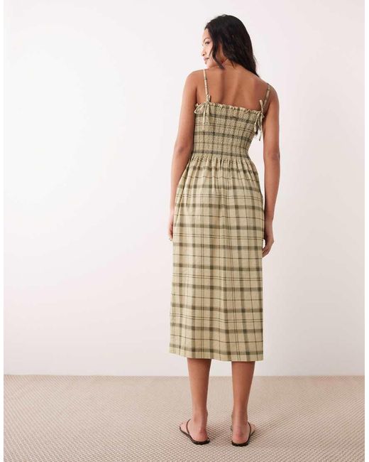 Barbour Natural Orla Shirred Tartan Strappy Midi Dress